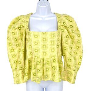 Zara Embroidered Openwork Puff Sleeve Peplum Top Yellow Green Size Small